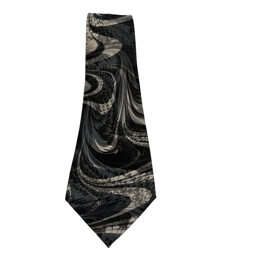 Moth Hand Marbled Silk Necktie Black Gray White Swirl Made in USA (TF26)